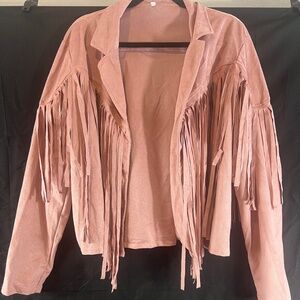 Women’s Boho Fringe Faux Suede Jacket Western Festival Cropped Moto Coat Pink